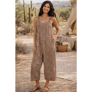 Womens Aztec Print Wide Leg Geometric Jumpsuit Overalls One Size Viscose Brown